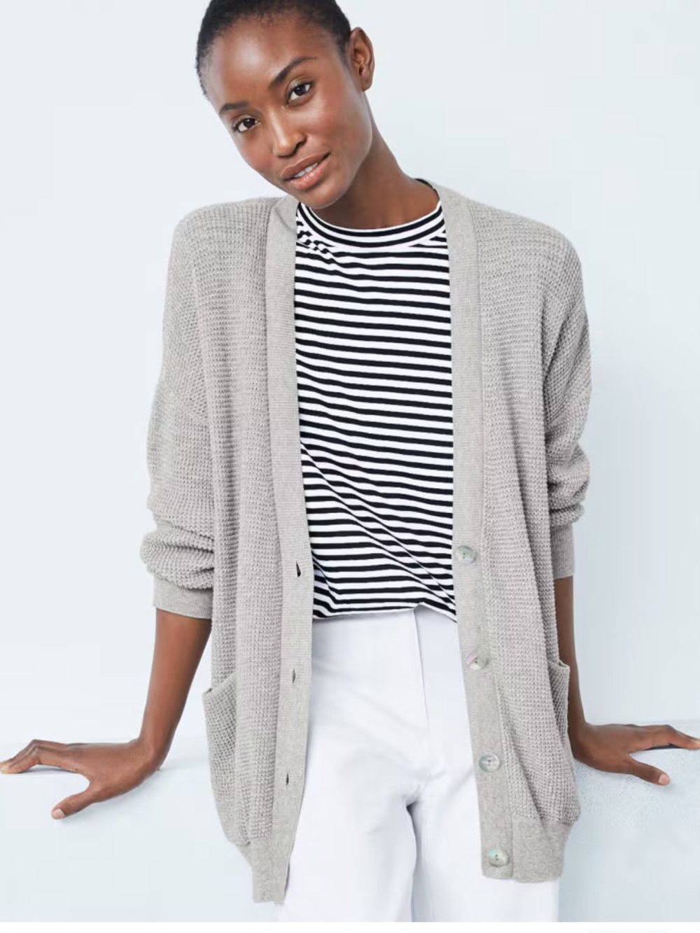 EILEEN FISHER Peruvian Organic-Cotton Boyfriend Cardigan Women's Light Gray Butt